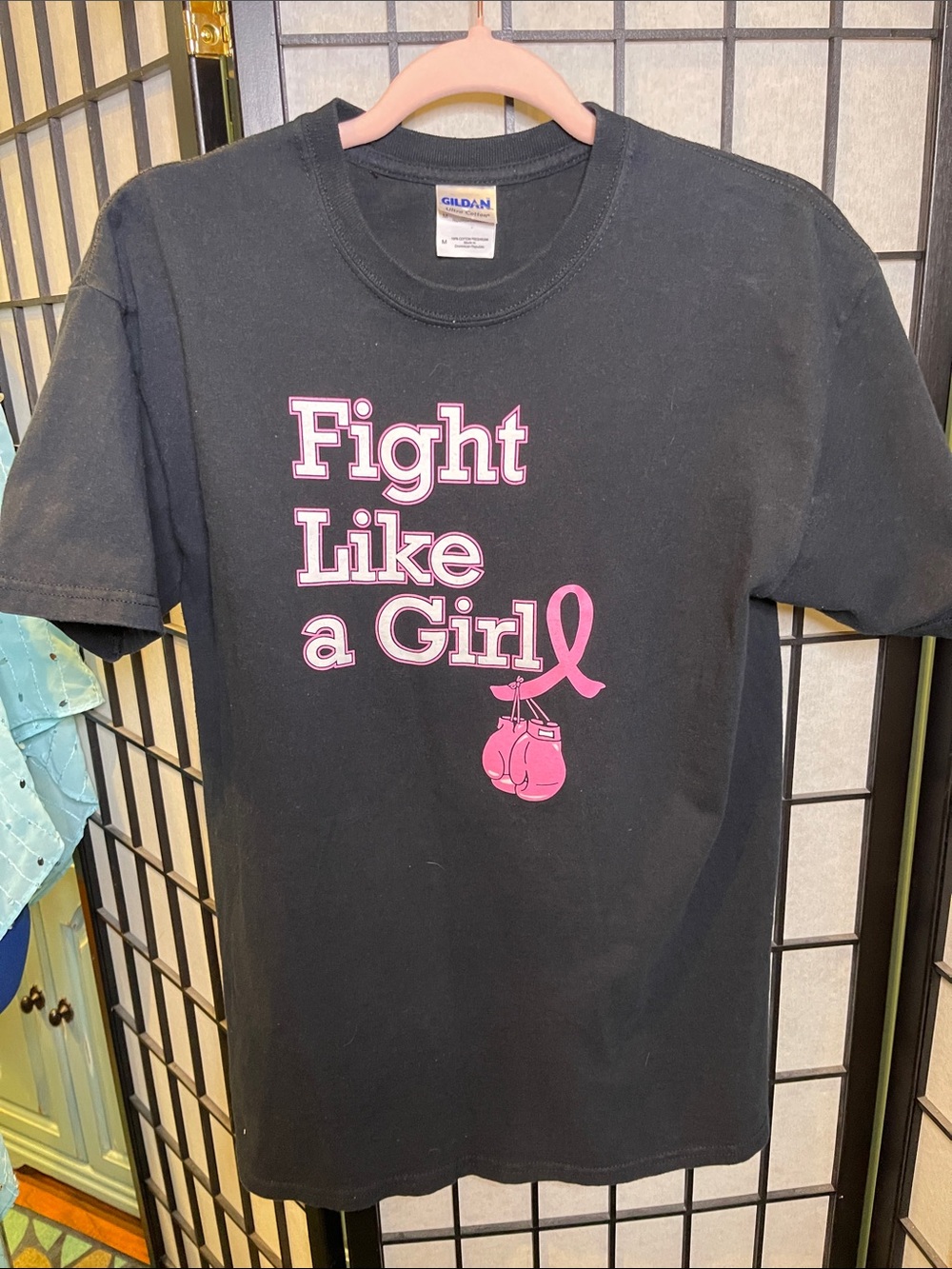 Gildan Black Women's Tee with Pink 'Fight Like a Girl' Graphic